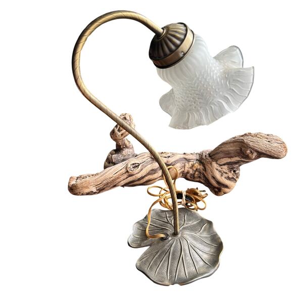 Vintage Grandite lily pad gooseneck table lamp brass frosted ruffled glass shade - Picture 2 of 9